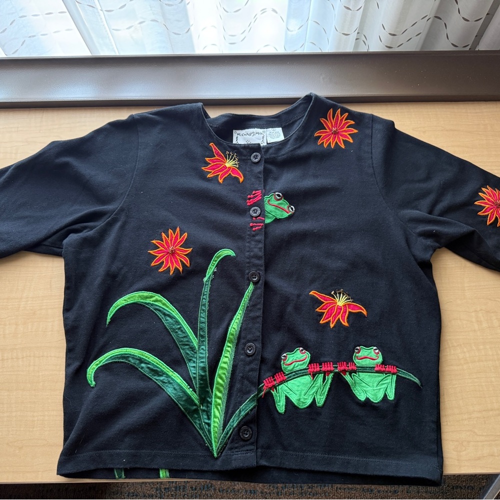 Michael Simon Black Shirt with Frog and Floral Embroidery